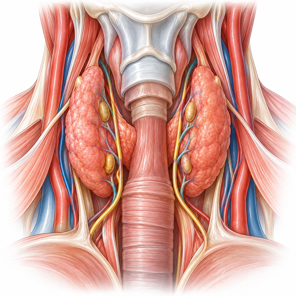 Anatomical relationships between the thyroid, the parathyroid glands and the recurrent laryngeal nerves