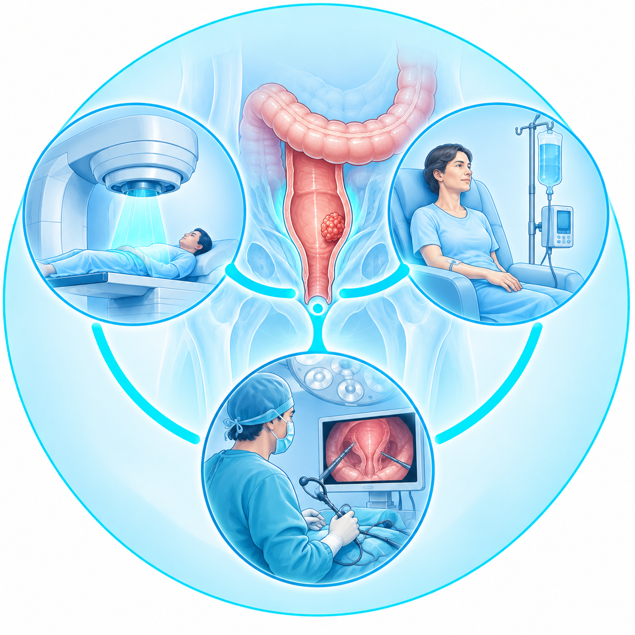 Illustration des différentes modalités pouvant être associées dans le traitement du cancer du rectum