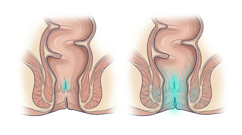 Illustration du relâchement du sphincter anal interne dans le traitement d’une fissure chronique