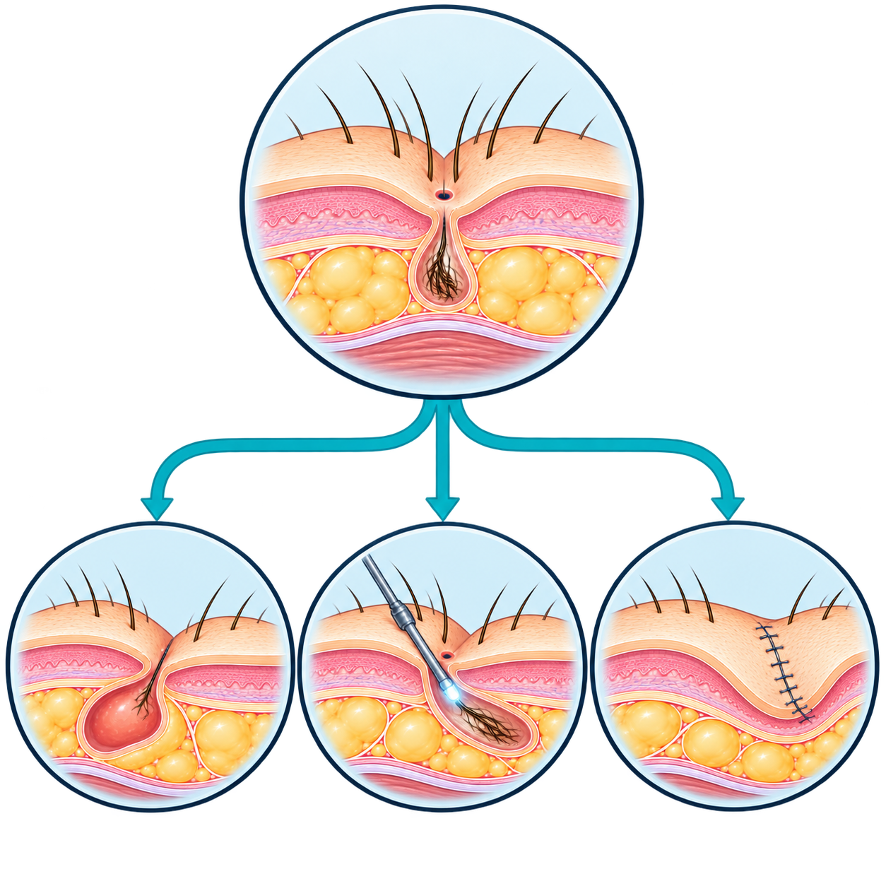 Schéma synthétique des différentes options thérapeutiques du sinus pilonidal selon l’étendue de la maladie